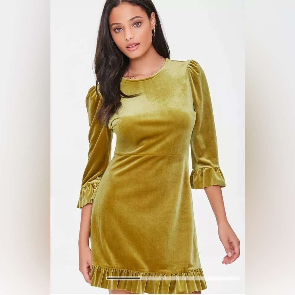 FOREVER 21 Velvet Flounce Mini Dress- Gold- Large